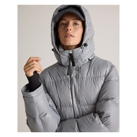 QUINCE Responsible Down Quilted Puffer Hooded Long Jacket FEATHER GRAY SZ L NWT - Picture 4 of 10